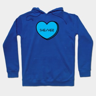 Pronoun She/Her Conversation Heart in Blue Hoodie